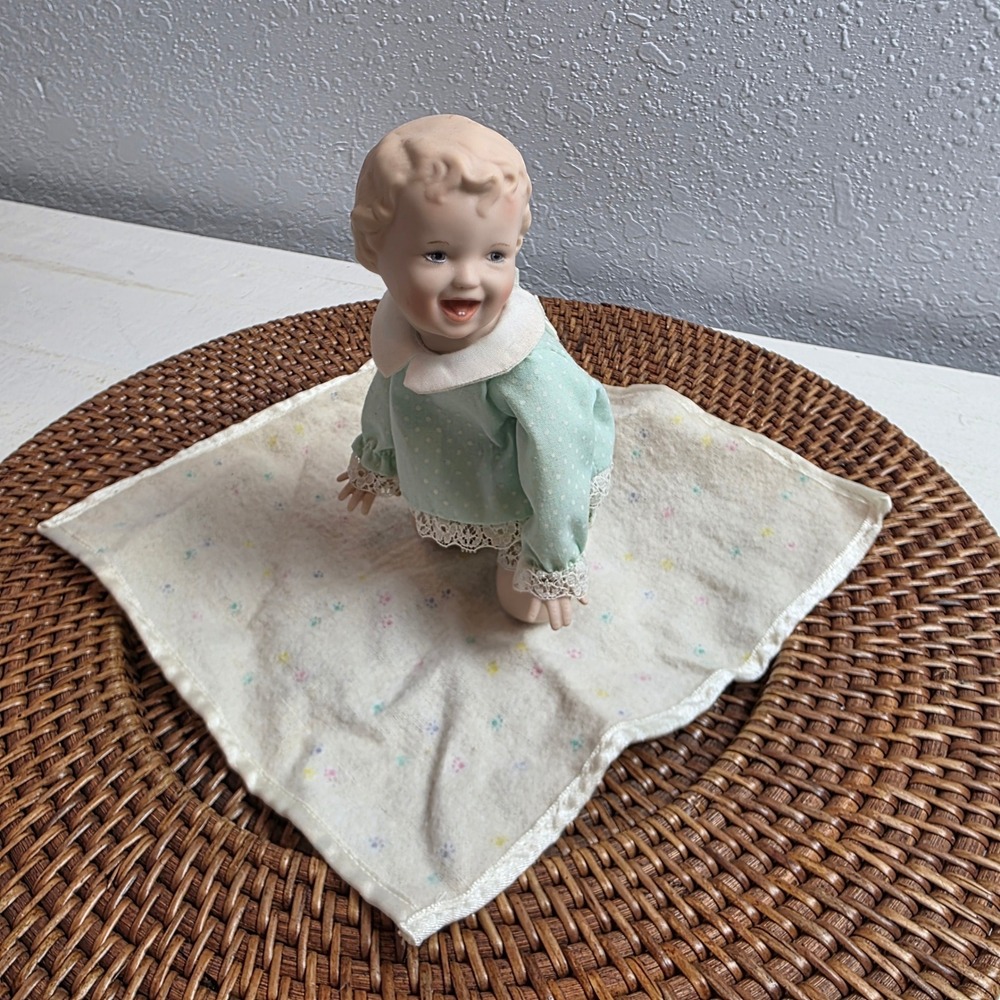 1990s Ashton-Drake Galleries Picture Perfect Baby 'Jessica' Teal Bows Kneeling